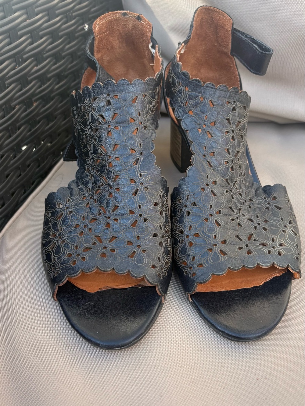 Women's Black Laser-Cut Leather Block Heel Sandals